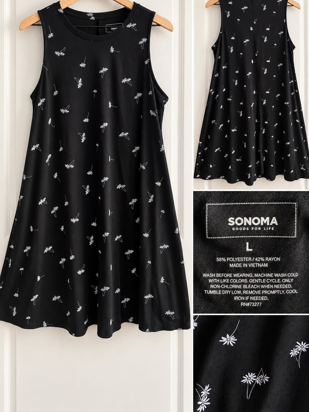 SONOMA Black Floral Swing Dress with White Daisies
